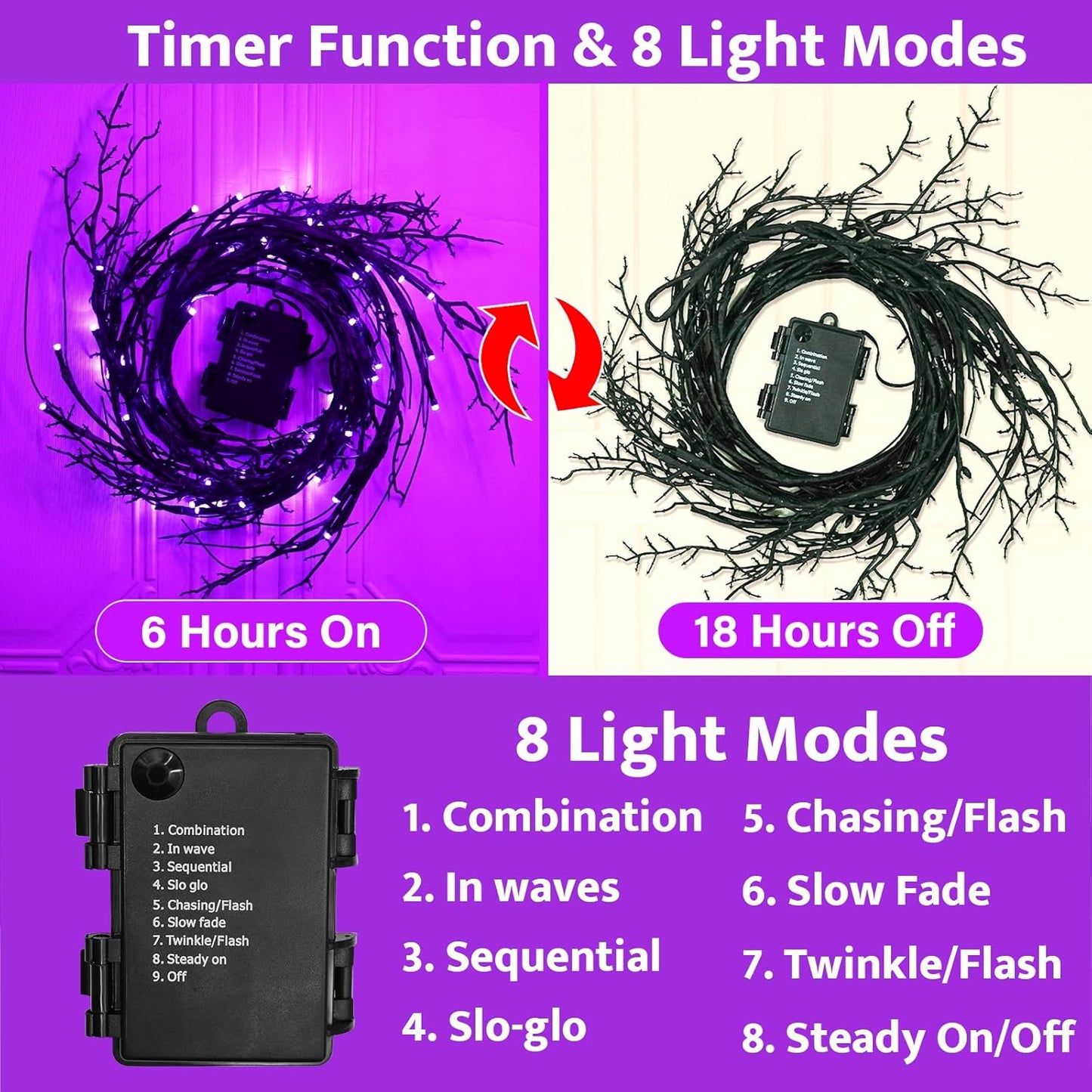 Couah 6Ft 54 LED Willow Vine Twig Halloween Garland with Lights - 8 Modes & Timer, Purple, Waterproof Battery Operated for Mantle, Wall, Fireplace, Indoor Decorations