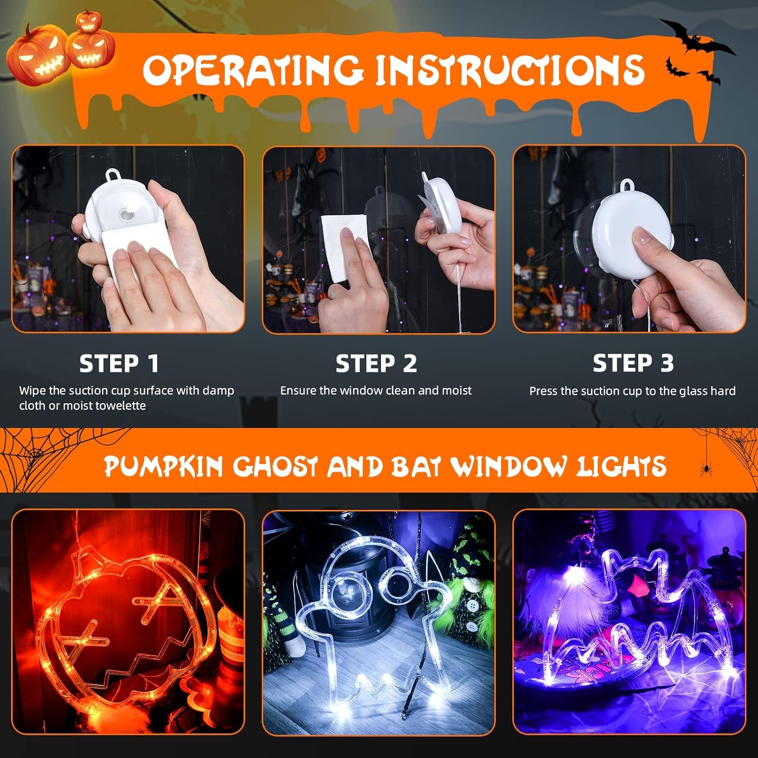 Lolstar Halloween Lights Decorations 2025 3-Pack Orange Pumpkin White Ghost Purple Bat Window Lights with Suction Cups, Battery Operated Halloween LED Lights Window Decor Slow Fade Mode and Timer
