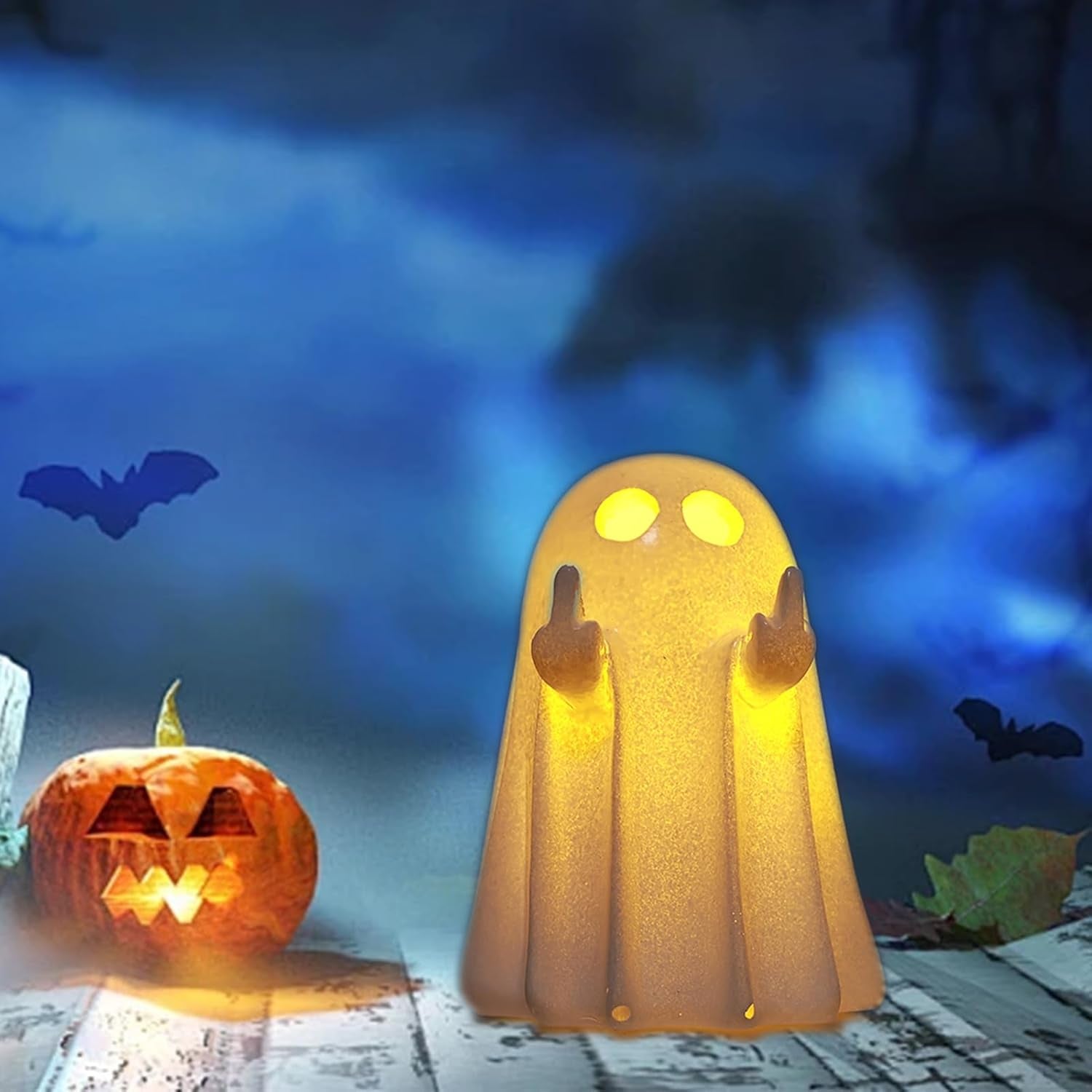 Halloween Ghost Figurine - Spooky Resin Glowing Cute Finger Statue, Cute Finger Light Ghost Decor for Halloween Decorations, Porch and Indoor Spooky Home Decor (A)