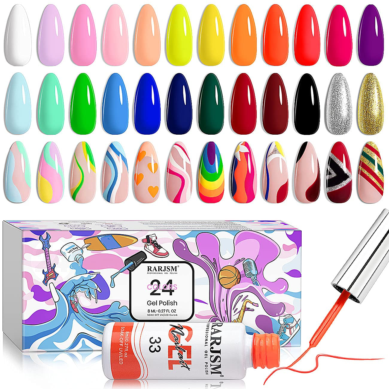 Nail Art Gel Liner 24 Color Line Art Painted Gel Nail Polish Set Pink Blue Green Silver Gold Glitter for Nails Painting Drawing Soak off U V L E D Curing Requires Bulid in Thin Nail Art Brush
