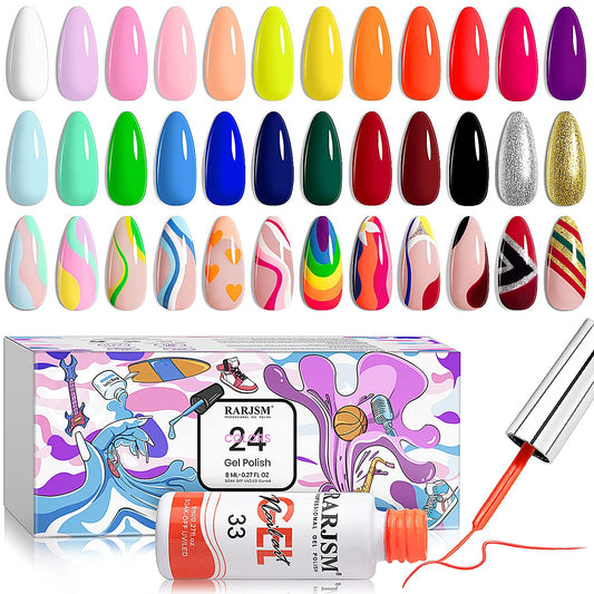 Nail Art Gel Liner 24 Color Line Art Painted Gel Nail Polish Set Pink Blue Green Silver Gold Glitter for Nails Painting Drawing Soak off U V L E D Curing Requires Bulid in Thin Nail Art Brush