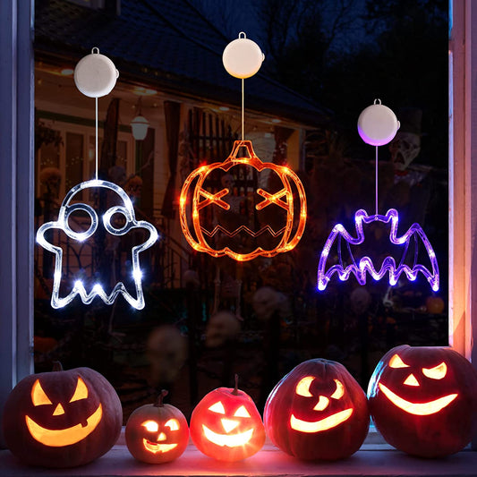 Lolstar Halloween Lights Decorations 2025 3-Pack Orange Pumpkin White Ghost Purple Bat Window Lights with Suction Cups, Battery Operated Halloween LED Lights Window Decor Slow Fade Mode and Timer