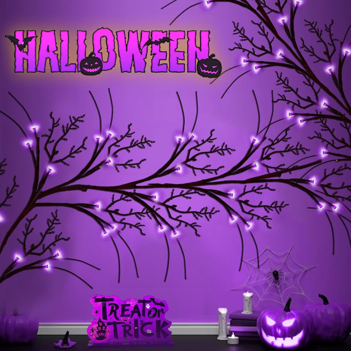 Couah 6Ft 54 LED Willow Vine Twig Halloween Garland with Lights - 8 Modes & Timer, Purple, Waterproof Battery Operated for Mantle, Wall, Fireplace, Indoor Decorations