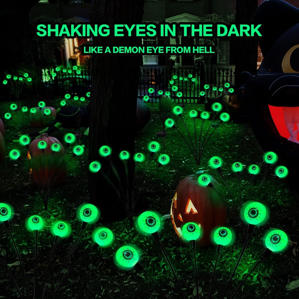 Halloween Decorations Outdoor Solar Scary Eyeball Lights,2Packs 12LED Green Eyeball Swaying Firefly Lights,Waterproof Solar Halloween Path Lights for Yard/Garden/Lawn/Party Decor