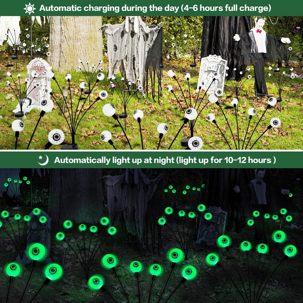 Halloween Decorations Outdoor Solar Scary Eyeball Lights,2Packs 12LED Green Eyeball Swaying Firefly Lights,Waterproof Solar Halloween Path Lights for Yard/Garden/Lawn/Party Decor